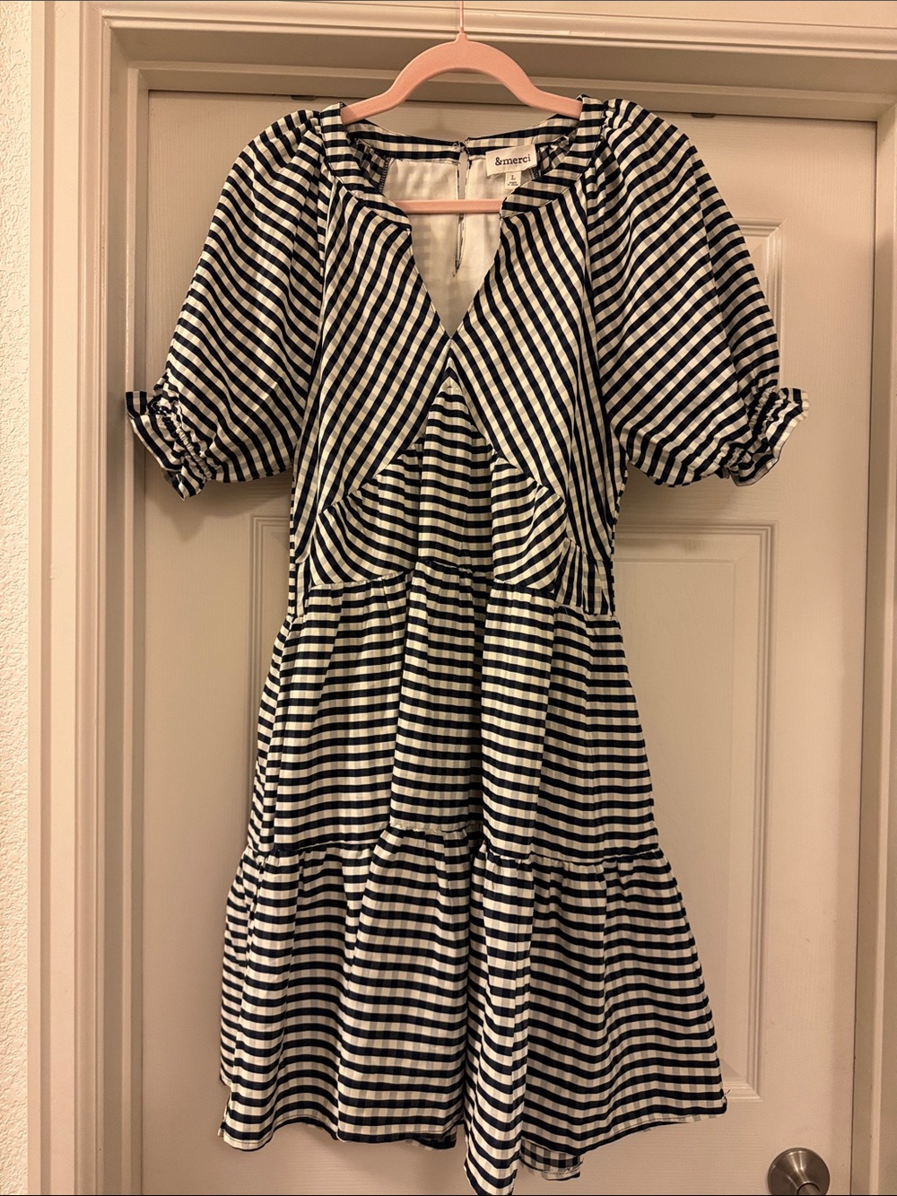 Navy & White Gingham Puff-Sleeve Dress